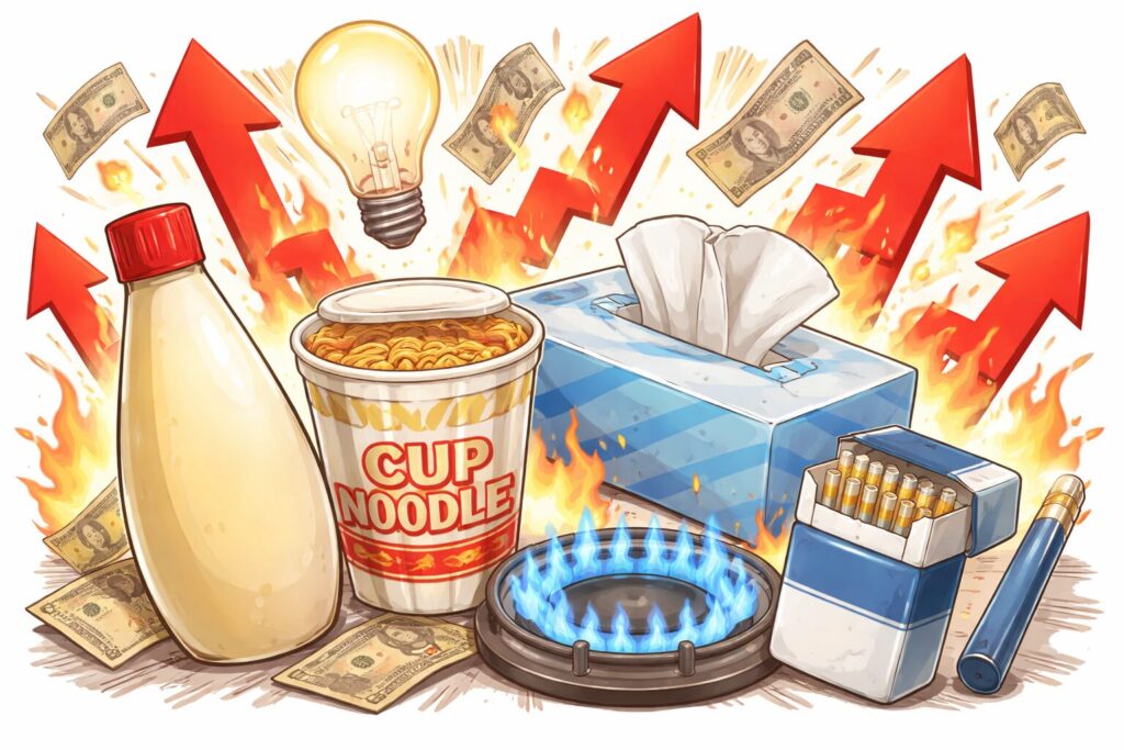 日用品やエネルギー（マヨネーズ・カップ麺・ティッシュ・電気・ガス・たばこ）の価格上昇を、炎や上向き矢印とともに表現したイメージイラスト
