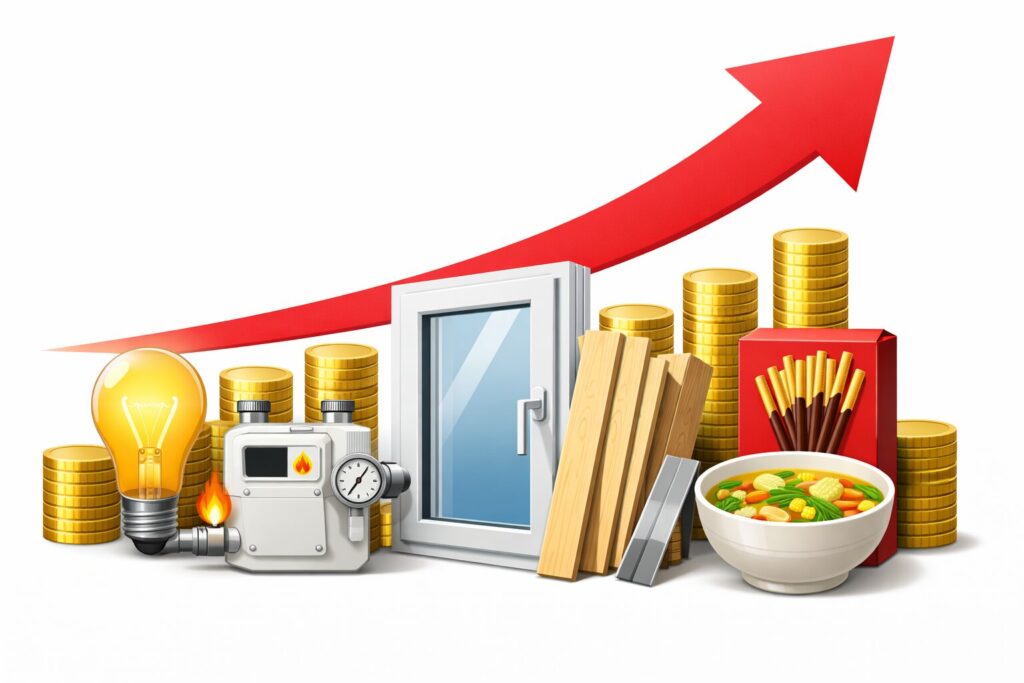 値上がりを示す赤い矢印の下に、電球と白い都市ガスメーター、窓サッシや木材、ポッキー風のお菓子とスープ春雨が並び、光熱費・建材・食品の価格上昇を表現したシンプルなイラスト