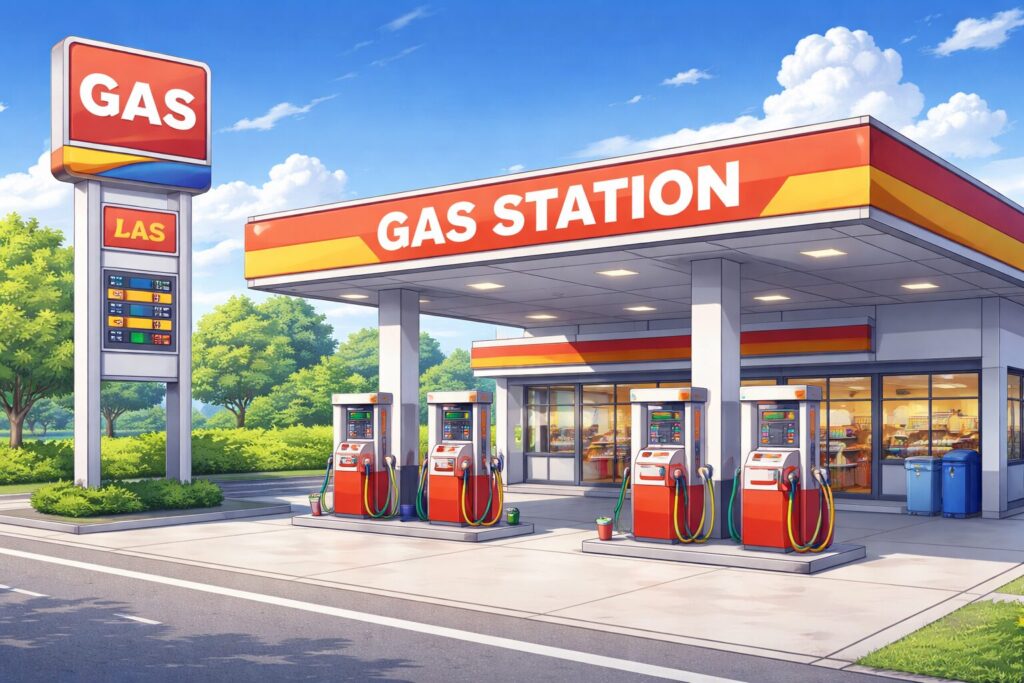 ガソリンスタンドの外観を描いたイラスト