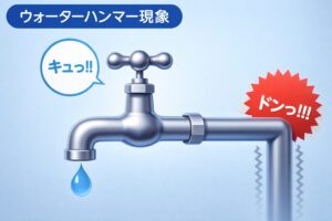 蛇口を急に閉めた際に配管が振動し衝撃音が発生するウォーターハンマー現象の説明イラスト