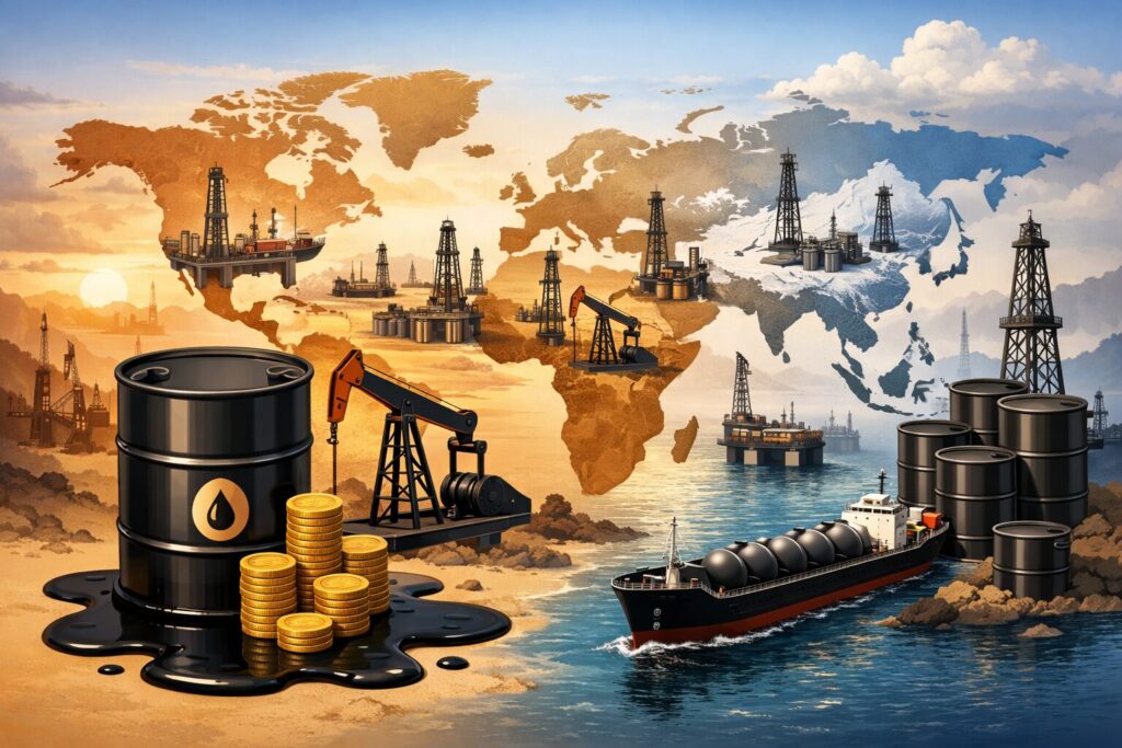 世界地図の背景に油田や海上プラント、タンカーと原油タンクが配置された原油資源のイメージイラスト