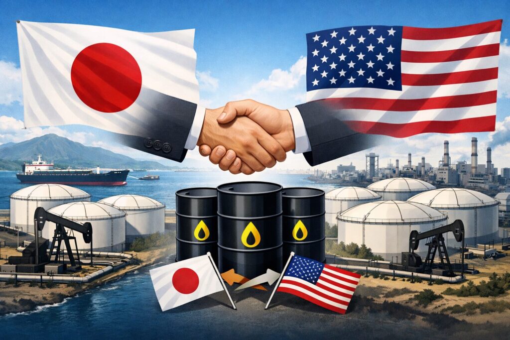 日米の国旗を背景に握手する手と原油タンク・備蓄施設が並び、日米原油共同備蓄を象徴するイメージイラスト