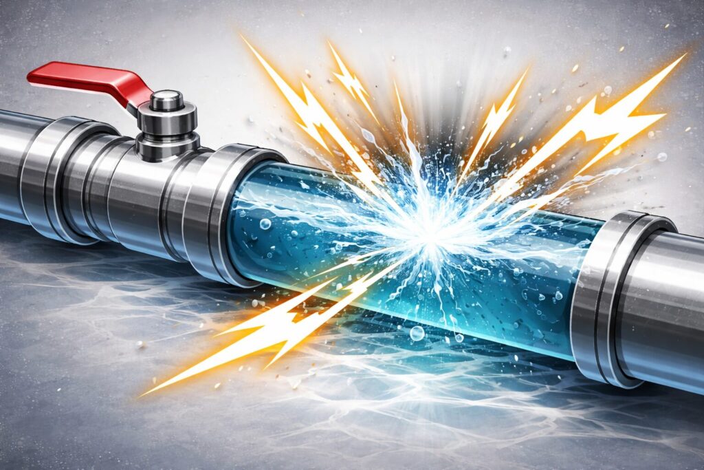 配管内の水流が急停止して衝撃が発生するウォーターハンマー現象を示したイメージ