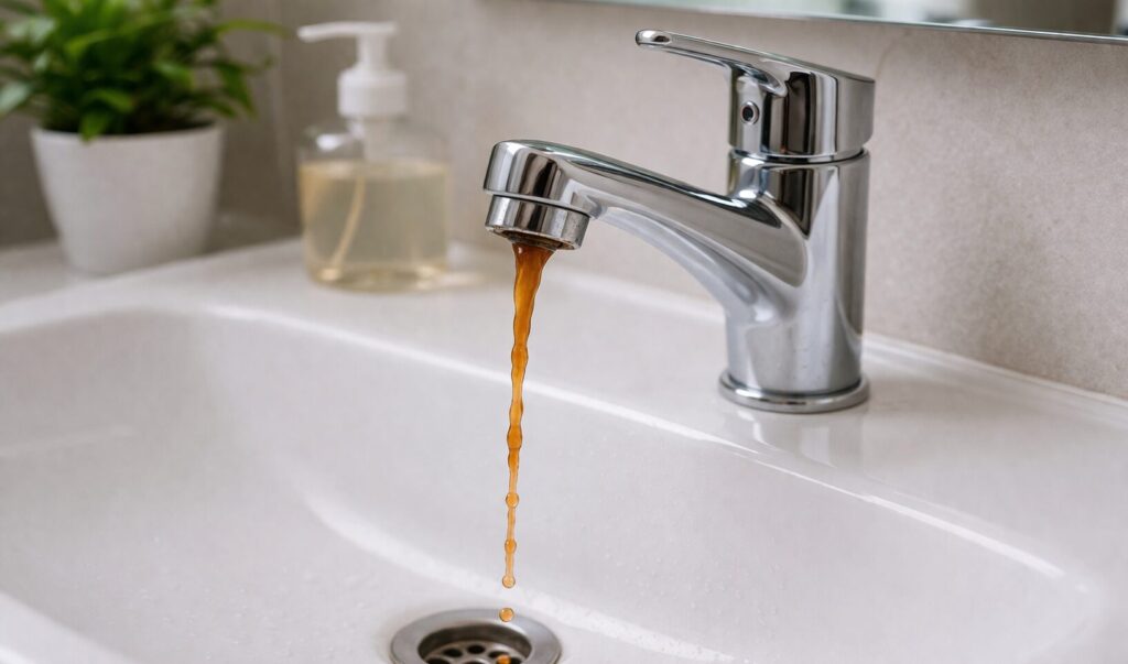 蛇口から少量の茶色い水（赤錆）が細く流れ、洗面台に溜まらずそのまま排水口へ流れている様子