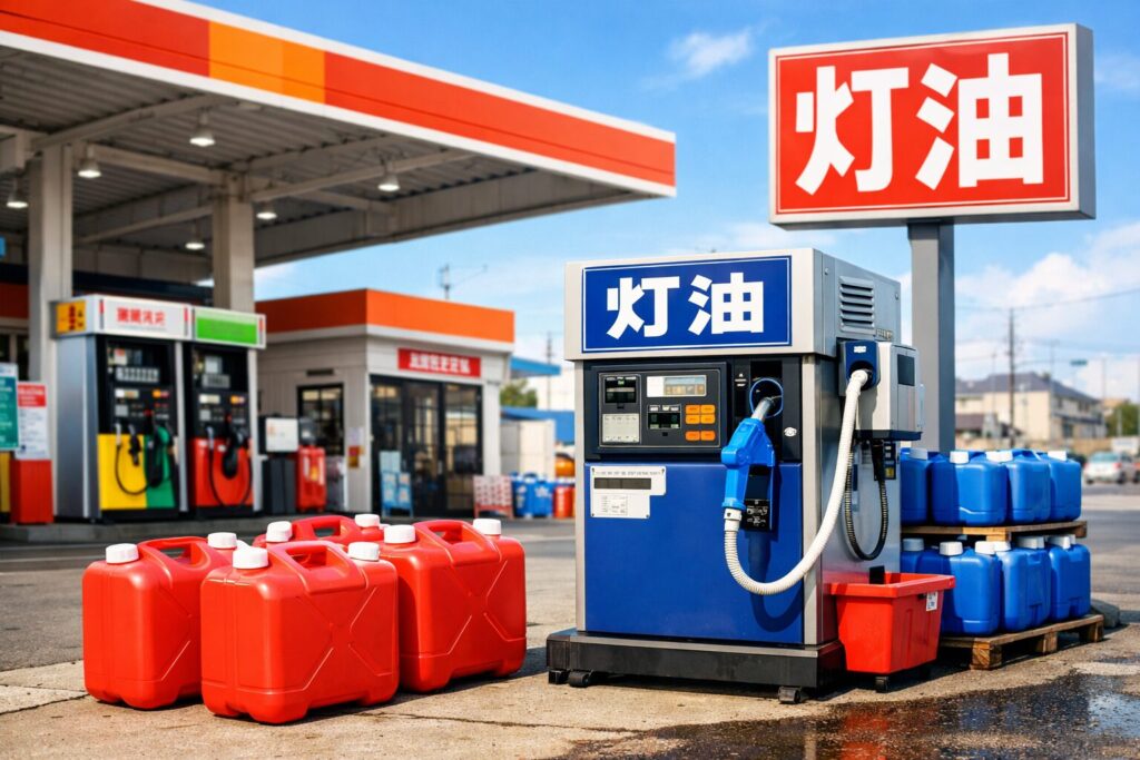 ガソリンスタンドの灯油コーナーで、青色の給油ガンを使って赤いポリタンクに給油する様子を描いたイラスト