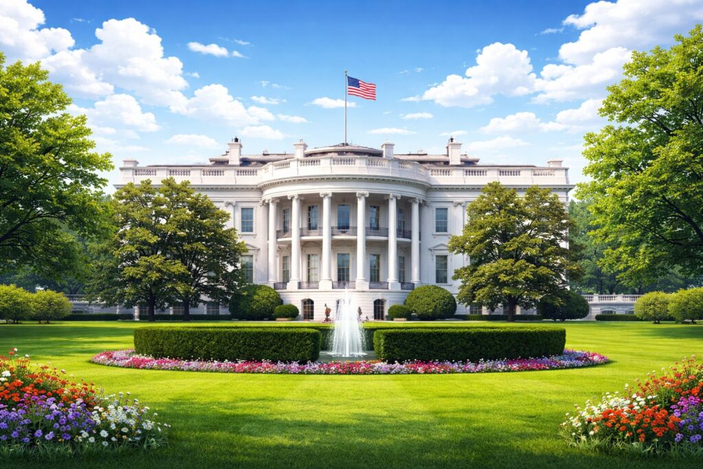 ホワイトハウスの南側外観と芝生広場、中央に噴水がある晴天の風景