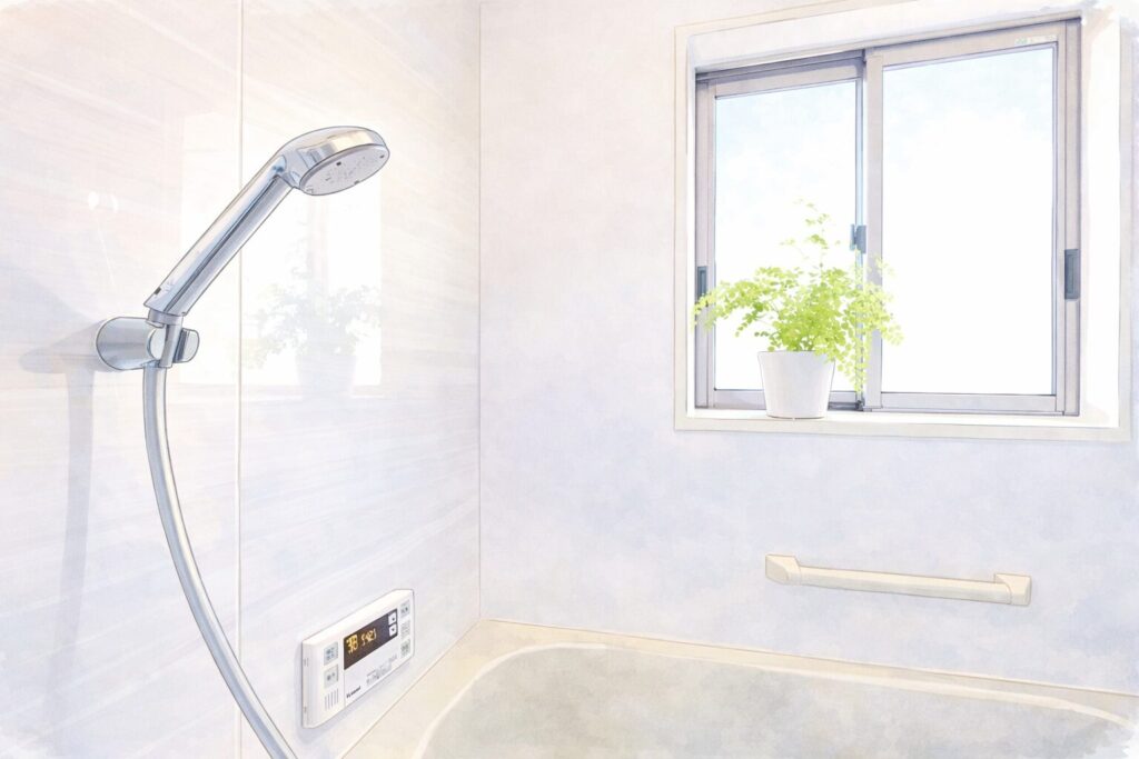 明るい浴室にシャワーと浴槽、窓際の観葉植物が配置された清潔感のある空間をイラスト風で表現した画像