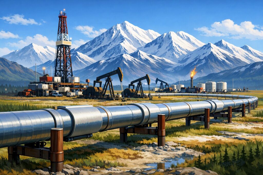 アラスカの雪山を背景に、油田のポンプジャックと長く伸びるパイプラインが広がる風景イラスト