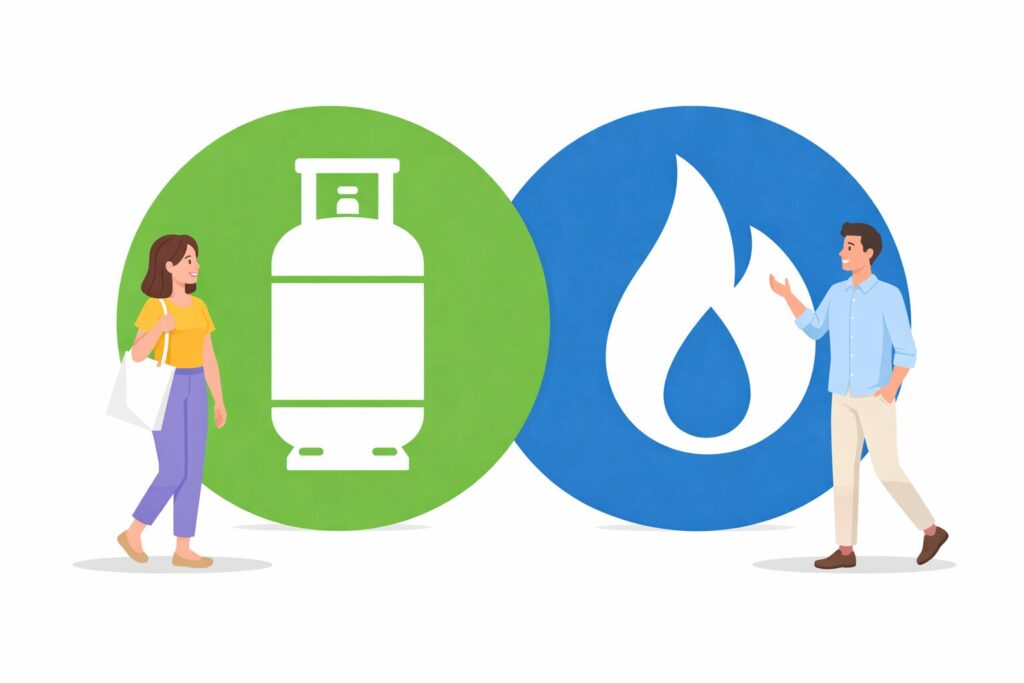 電気とガスの違いを表現したイラストで、左側に緑色のガスボンベアイコン、右側に炎のアイコンがあり、それぞれ男女が向かい合って説明している様子