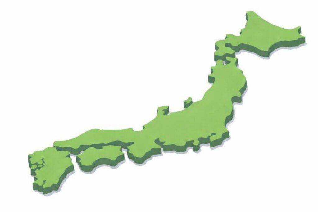 日本列島をシンプルな立体風デザインで表現した横長の地図イラスト。北海道から九州まで緑色で描かれている
