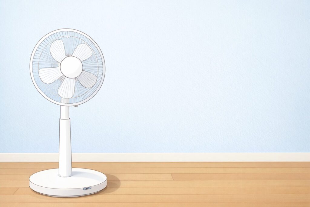 白い壁と木目の床の部屋に置かれたシンプルな白い扇風機のイラスト