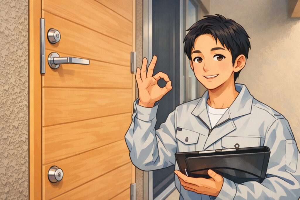 玄関ドアの前でグレーの作業服を着た若い作業員がクリップボードを持ち、笑顔でOKサインを出しているイラスト
