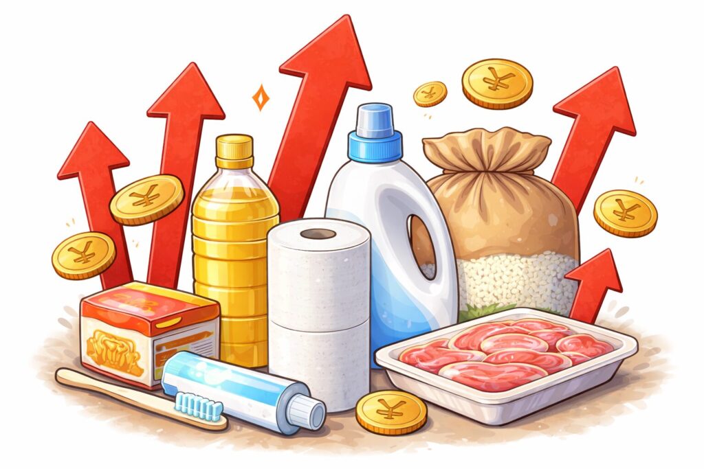 日用品（トイレットペーパー、食用油、洗剤、米、歯磨き粉、肉など）の周囲に上向きの赤い矢印が描かれ、生活必需品の価格上昇を表現したイラスト