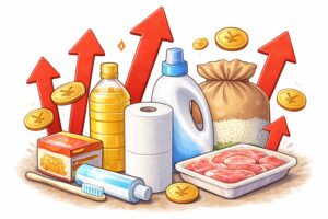 日用品（トイレットペーパー、食用油、洗剤、米、歯磨き粉、肉など）の周囲に上向きの赤い矢印が描かれ、生活必需品の価格上昇を表現したイラスト