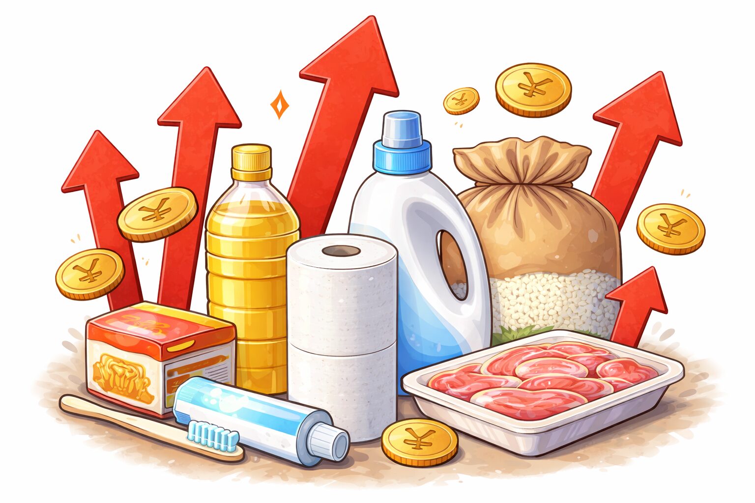 日用品（トイレットペーパー、食用油、洗剤、米、歯磨き粉、肉など）の周囲に上向きの赤い矢印が描かれ、生活必需品の価格上昇を表現したイラスト