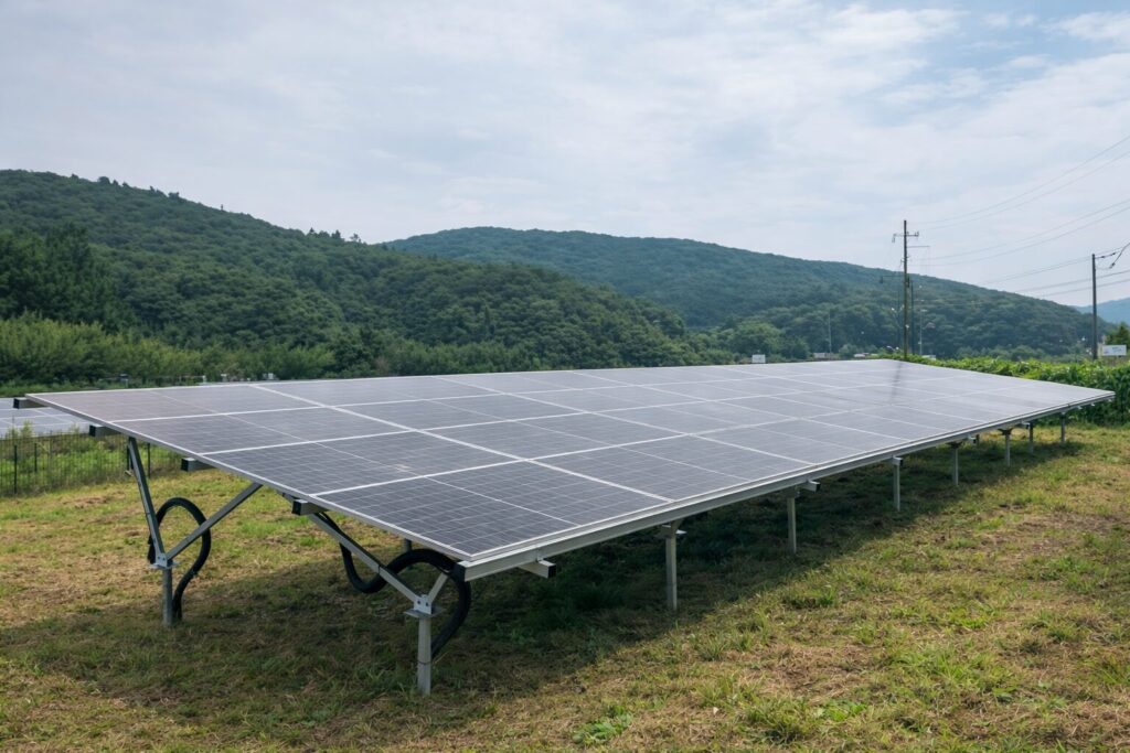 草地に設置された大規模な太陽光パネルが山に囲まれた自然環境の中で広がっている様子
