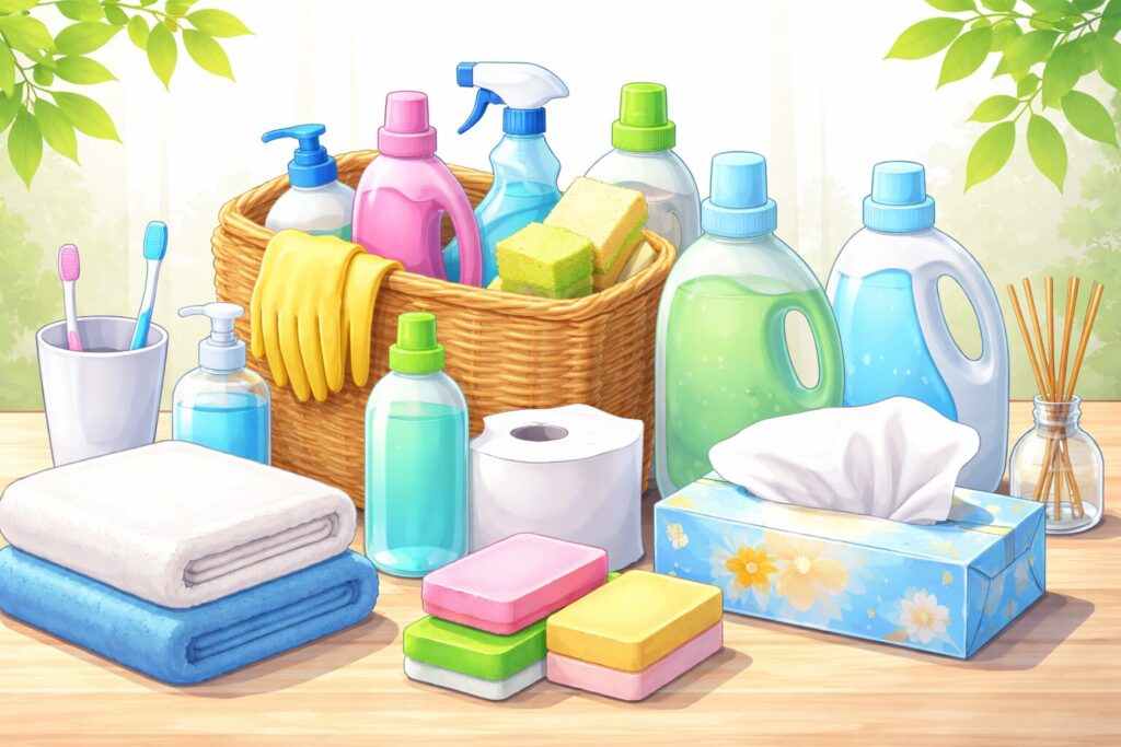 洗剤ボトルやティッシュ、トイレットペーパー、スポンジ、タオルなどさまざまな日用品が並んだ生活用品のイメージイラスト