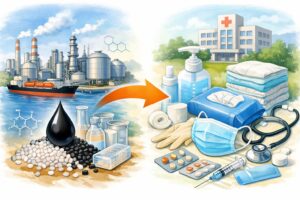 ナフサ由来の原料が石油プラントから医療・衛生用品（マスクや消毒液、手袋など）へ加工されていく流れを描いたイメージイラスト