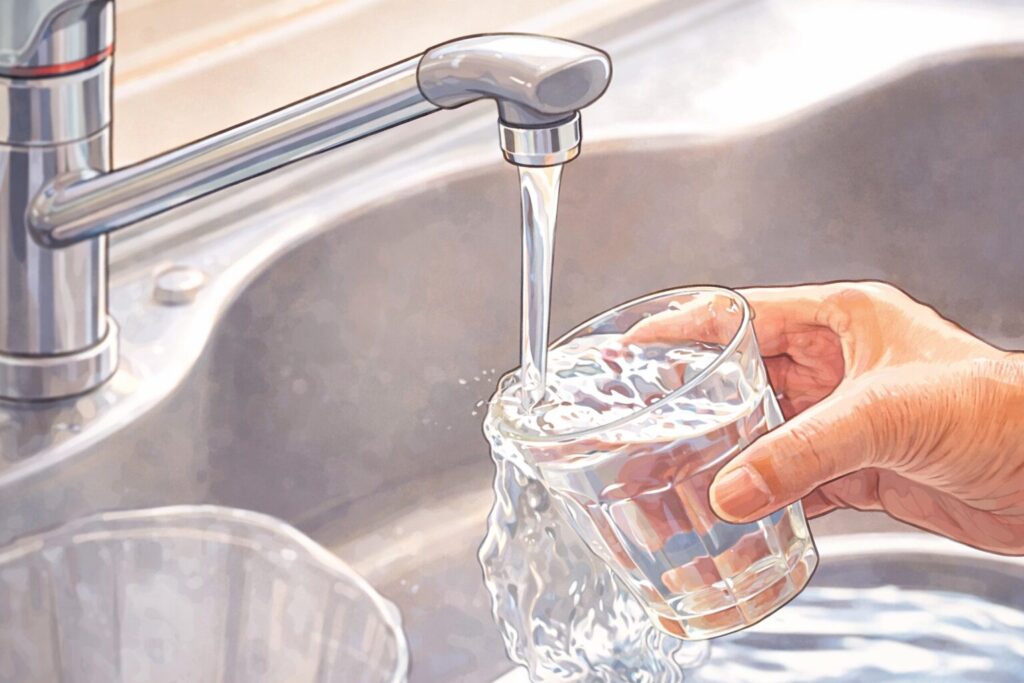 蛇口から流れる水をグラスに注いでいる様子をイラスト風に描いたキッチンシーン