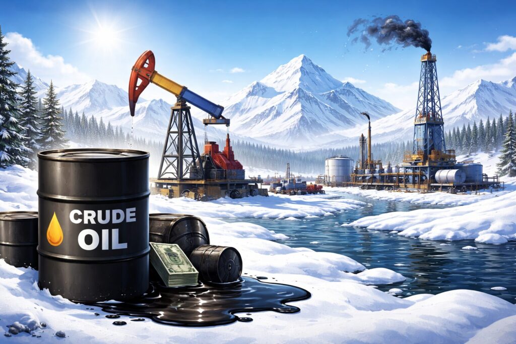 アラスカの雪山と森林に囲まれた原油採掘施設とポンプジャックが稼働する様子のイメージイラスト