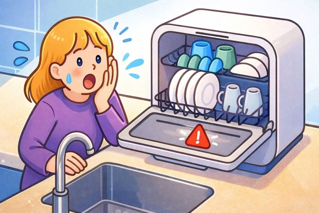 キッチンで食洗機を開けた女性がエラー表示に驚いているカラフルなイラスト