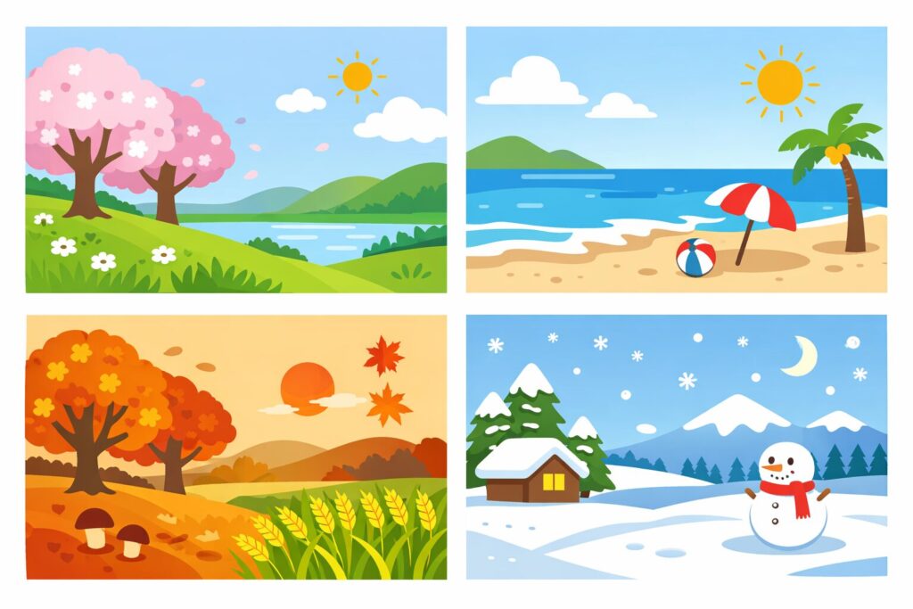 春夏秋冬の季節を4分割で表現したシンプルなイラスト（桜・海・紅葉・雪景色）
