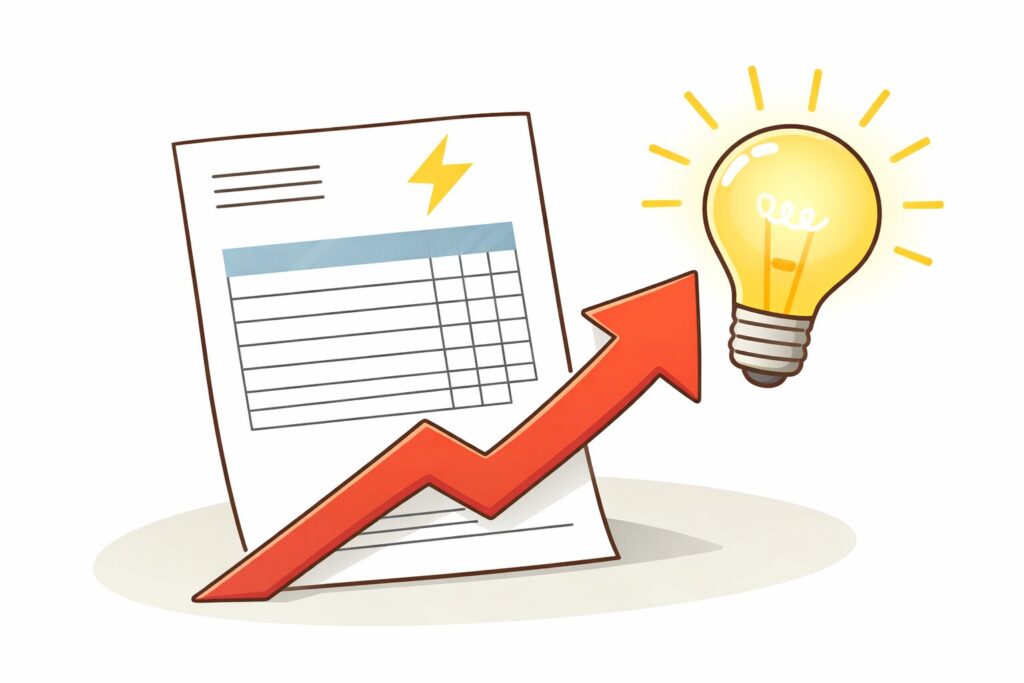 電気料金の請求書と電球の横に上昇する赤い矢印で電気代の値上げを表したイラスト