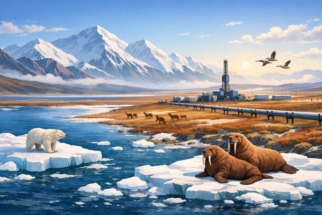 アラスカ・ノーススロープのツンドラ地帯に広がる雪原と氷の海、野生動物と石油開発施設が共存する風景のイラスト