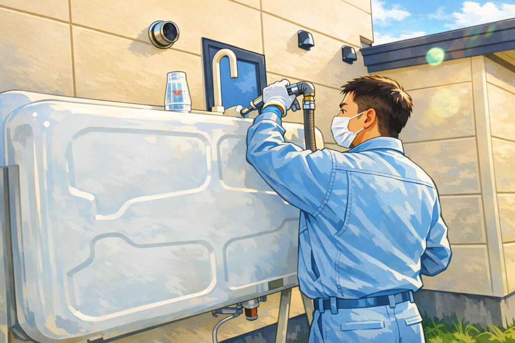 住宅の外壁に設置された灯油タンクの給油配管を点検・作業している作業員を描いたイラスト