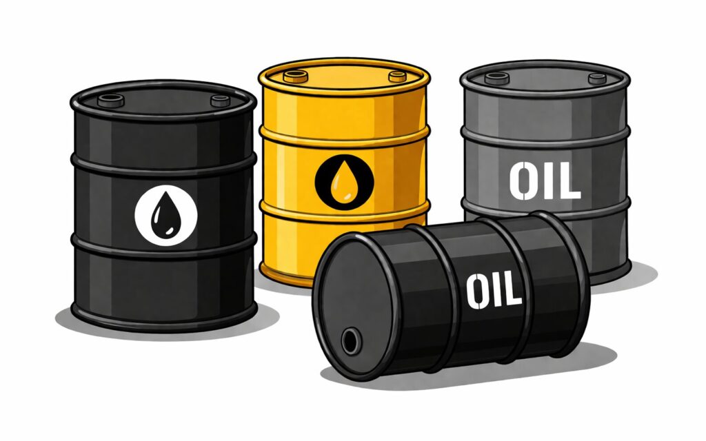 黒と黄色の石油バレルが複数並び、手前には横倒しのドラム缶が配置されたシンプルなイラスト。オイルマークが描かれ、原油やエネルギー資源をイメージした構図