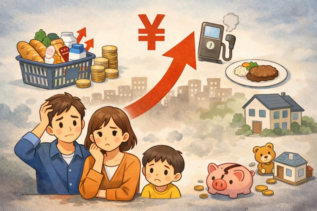 物価上昇により家計への負担が増え、食費や光熱費など生活費の高騰に悩む家族を表したイラスト