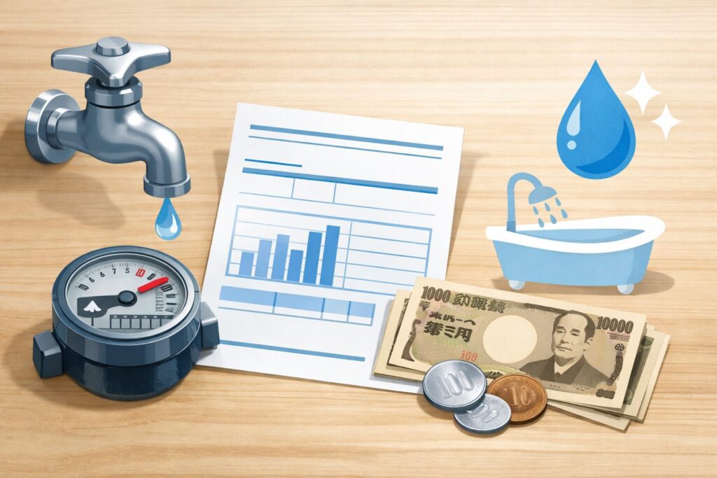 蛇口から水が滴り、水道メーターと請求書、紙幣や硬貨が並べられた水道料金の支払いをイメージしたイラスト