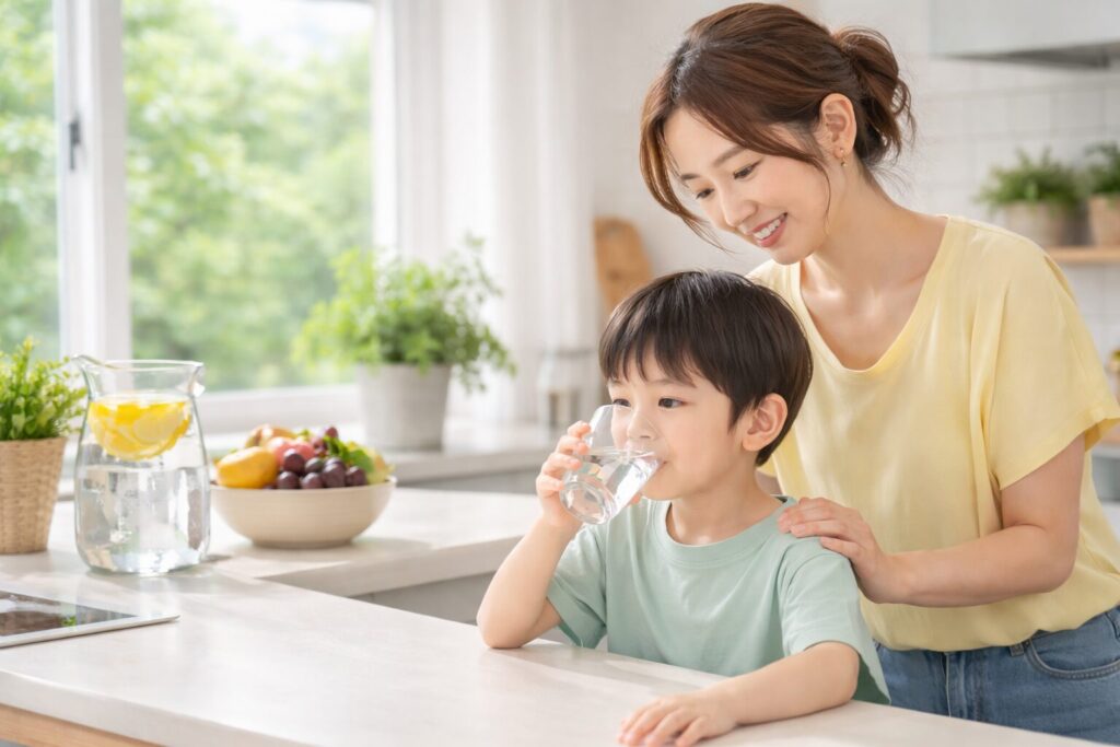 明るいキッチンで子どもがコップの水を飲み、それを後ろから優しく見守る母親