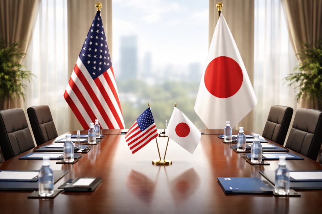 日米両国の国旗が並ぶ会議室で、整然と配置されたテーブルと資料から日米首脳会談の雰囲気を表現したイメージイラスト