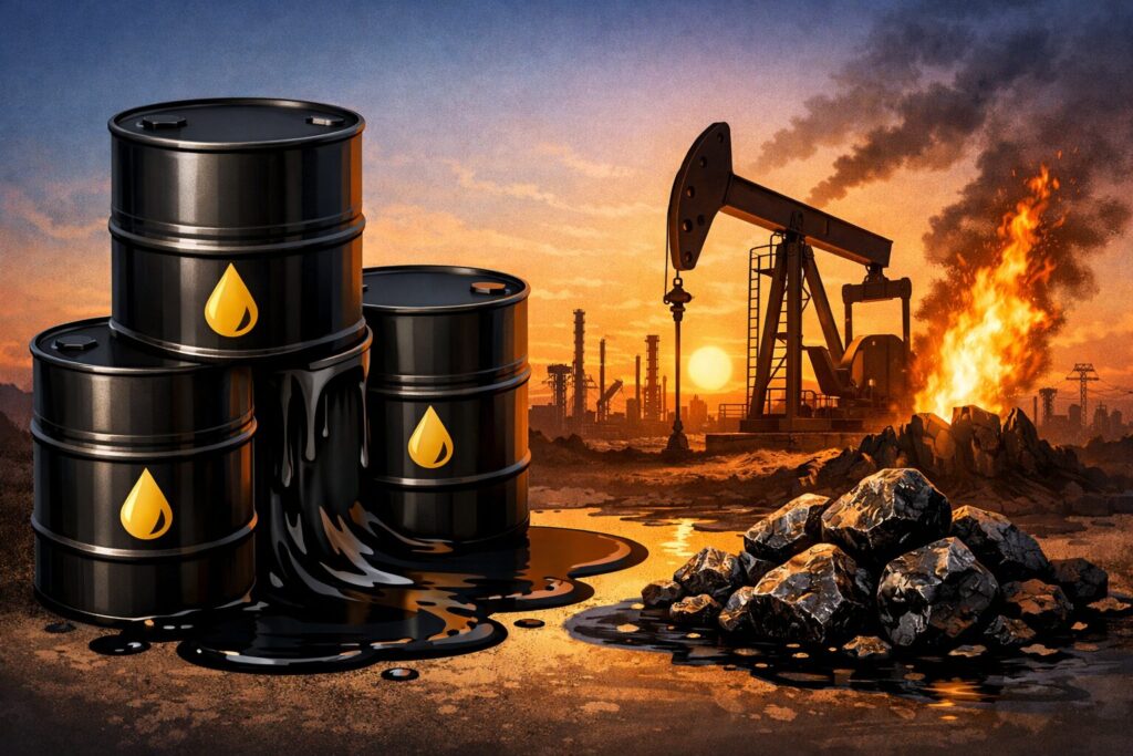 黒いオイルバレルと地面に広がる原油、背景に石油ポンプと精製施設が夕焼けの中で稼働している様子を描いたイラスト