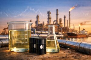 石油精製プラントと原油ドラム、化学フラスコに入ったナフサを示す石油化学産業のイメージ