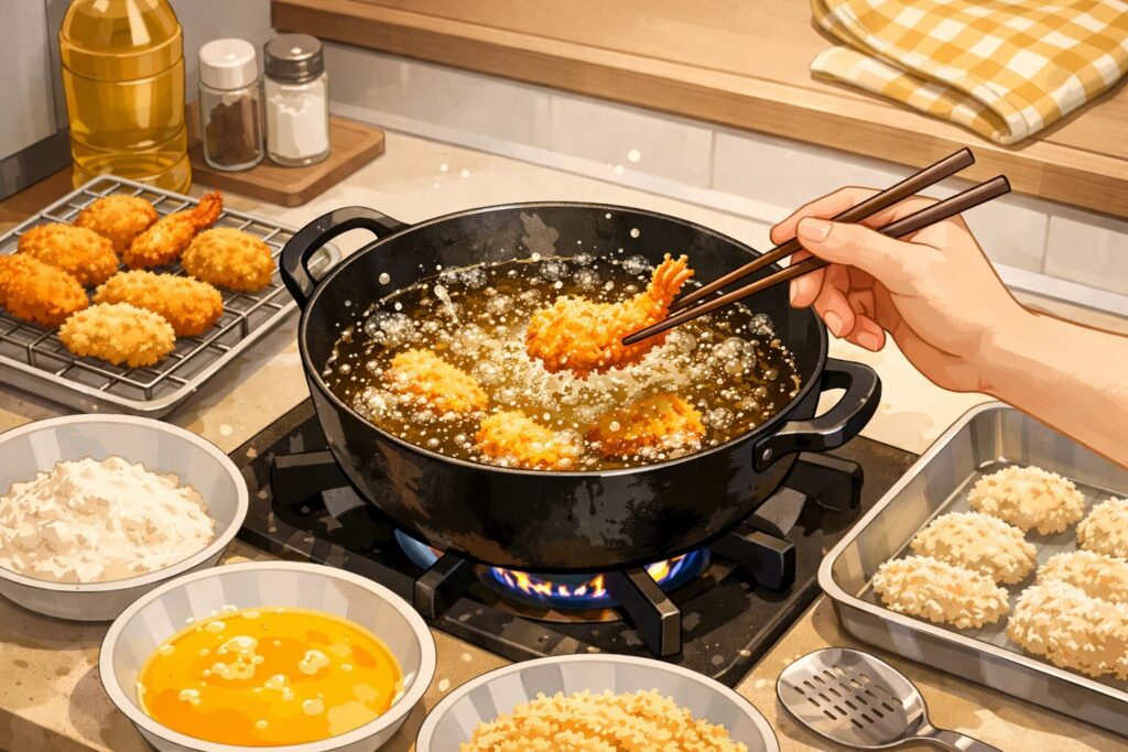 家庭のキッチンで鍋に油を入れ、エビフライなどの揚げ物を調理している様子のイラスト