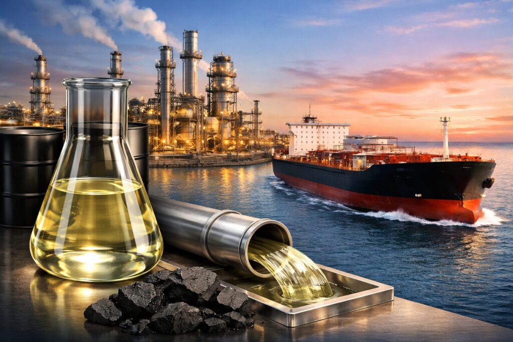ナフサの液体が入ったガラス容器とパイプから流れる様子、背後に製油所とタンカーが広がるイメージ