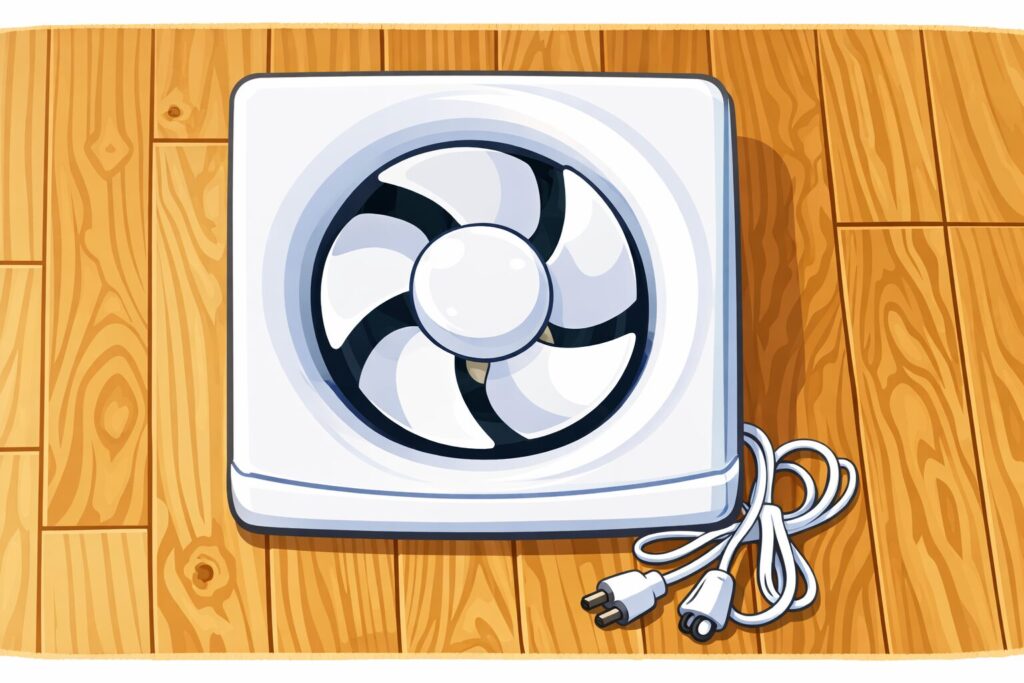 木目の床の上に置かれた白い換気扇と電源コードを描いたイラスト