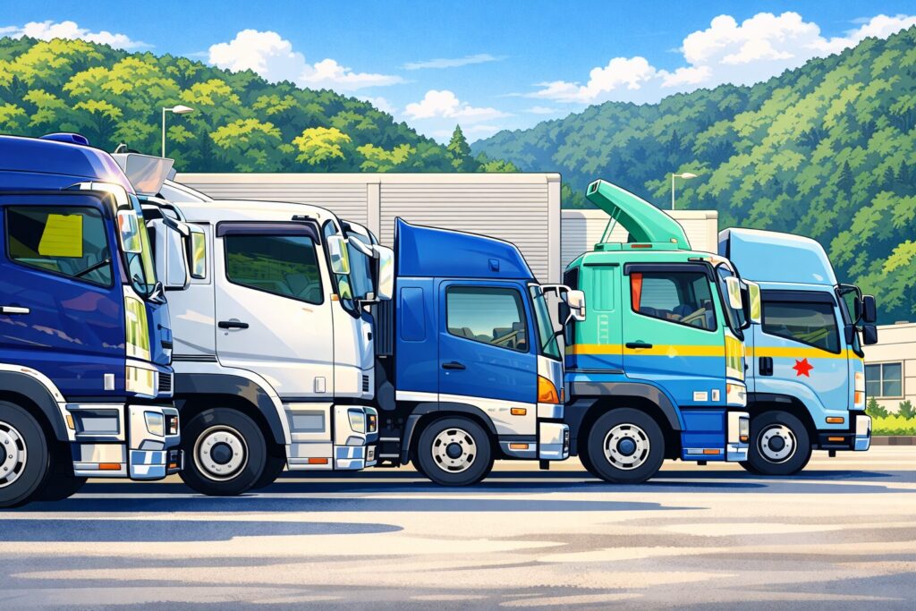 横一列に並んだ複数のトラックが駐車場に停まっている様子を描いた横長のイラストで、背景には緑の山々と青空が広がっている