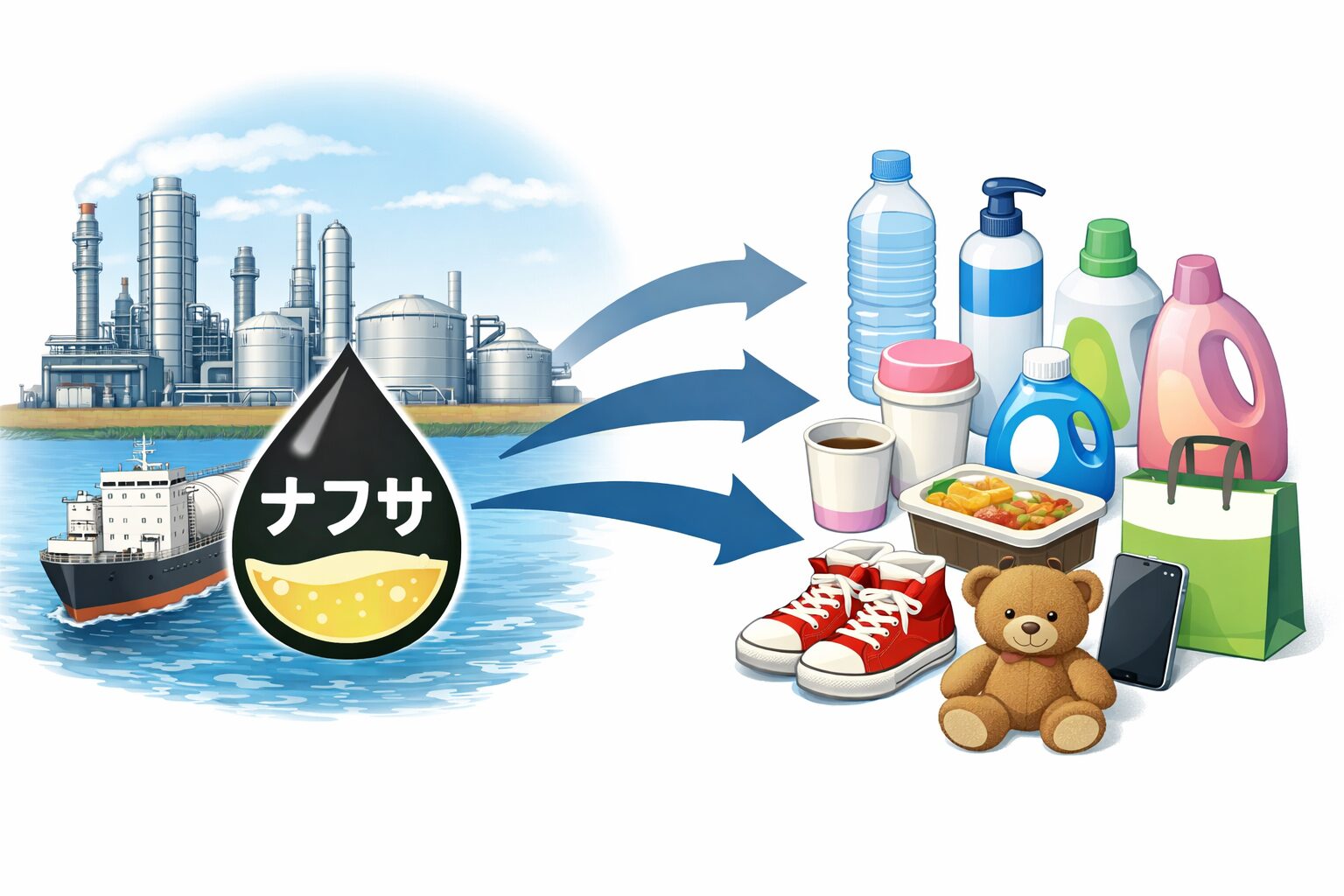 石油精製プラントとナフサを運ぶタンカーから、矢印でペットボトル・洗剤・プラスチック容器・靴・ぬいぐるみなどの日用品へつながる、ナフサと生活用品の関係を示したイラスト。