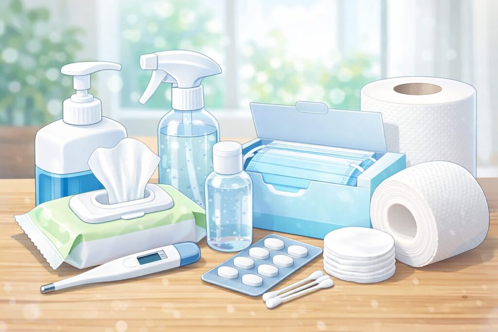 家庭で使われる消毒液、ウェットティッシュ、マスク、綿棒、体温計、トイレットペーパーなどの衛生用品が木のテーブルに並んでいる様子のイラスト