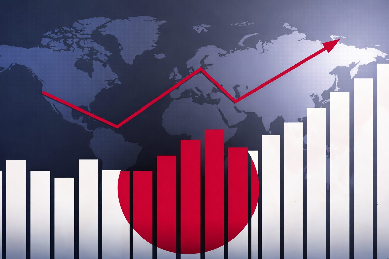 世界地図の背景に日本の国旗を重ね、赤い上昇ラインと棒グラフで経済や価格の上昇を表したイメージイラスト