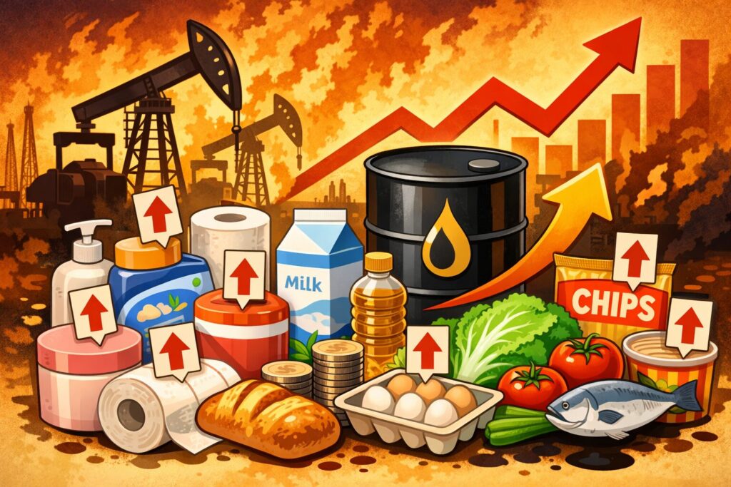 原油価格の高騰を背景に、食品や日用品に値上げを示す矢印が付いている様子を表したイラスト