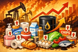 原油価格の高騰を背景に、食品や日用品に値上げを示す矢印が付いている様子を表したイラスト