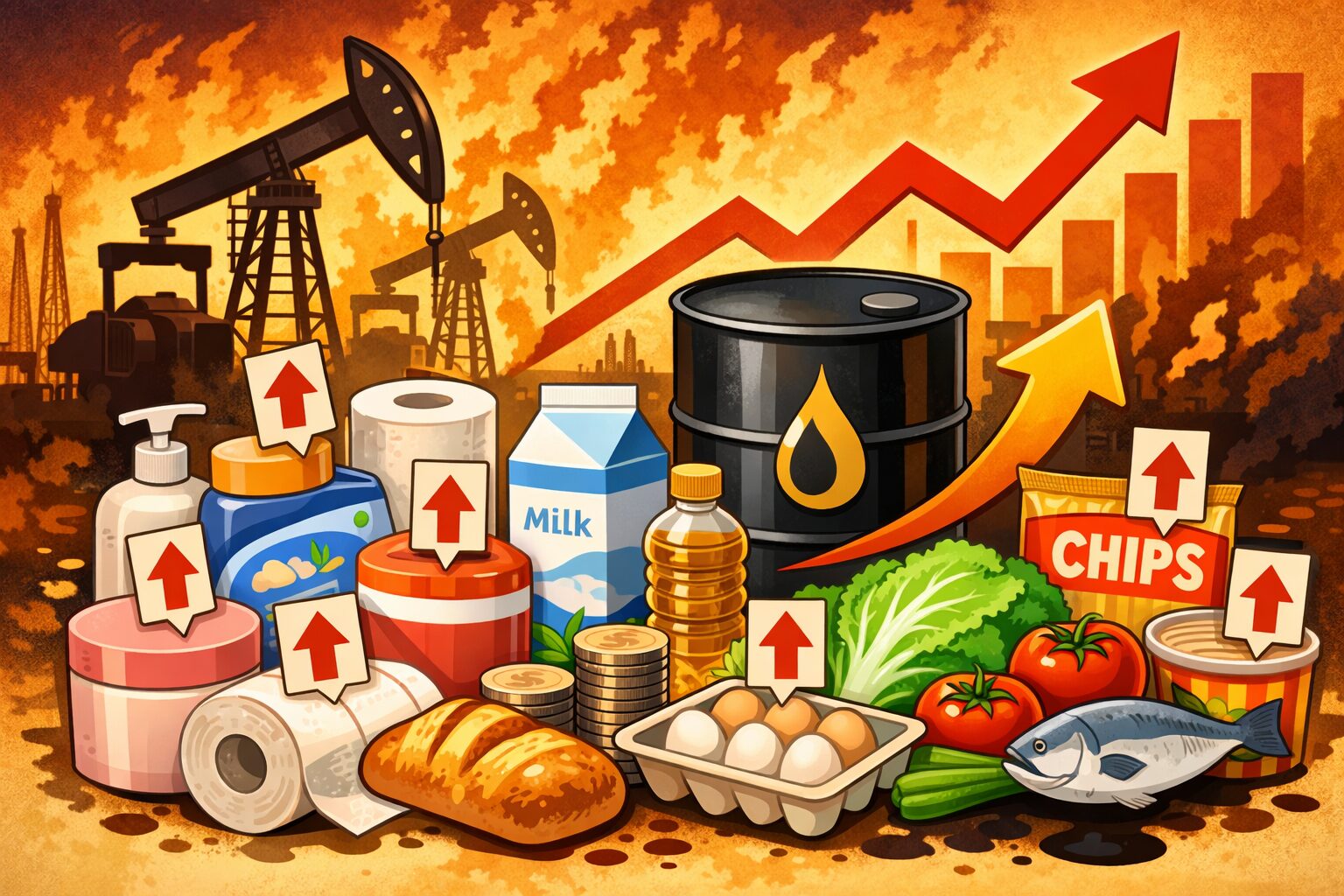 原油価格の高騰を背景に、食品や日用品に値上げを示す矢印が付いている様子を表したイラスト