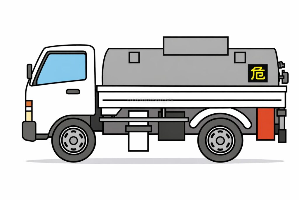 危険物マークが付いたタンクローリー車を横から見たシンプルなイラスト