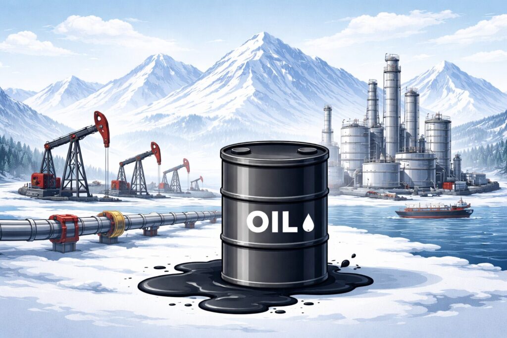 アルタイ山脈のような雪山を背景に、雪原の中で原油ポンプとパイプライン、黒いオイルドラムが配置されたアラスカ産原油のイメージイラスト