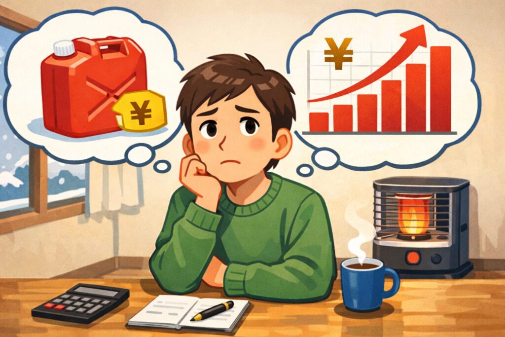 灯油の購入を悩みながら、価格や冬の生活を考えている男性のイメージイラスト