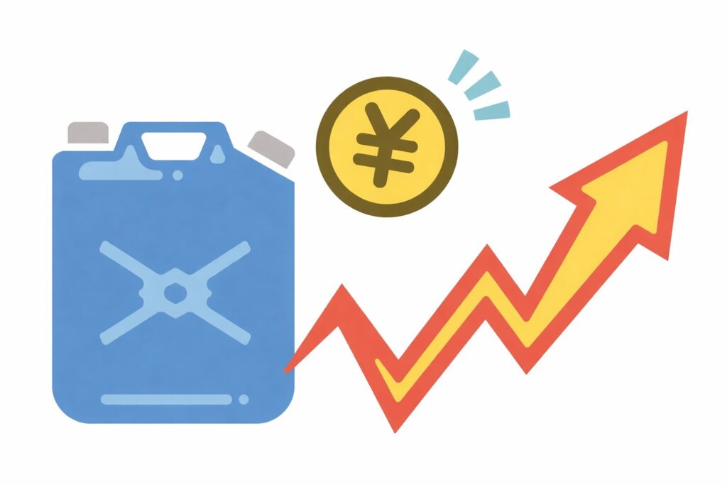 灯油ポリタンクのイラストと上昇する矢印と円マークで燃料価格の値上がりを表したイメージ